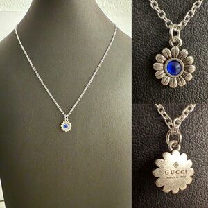 Gucci Silver Necklace with Blue Micro Flower Pendant